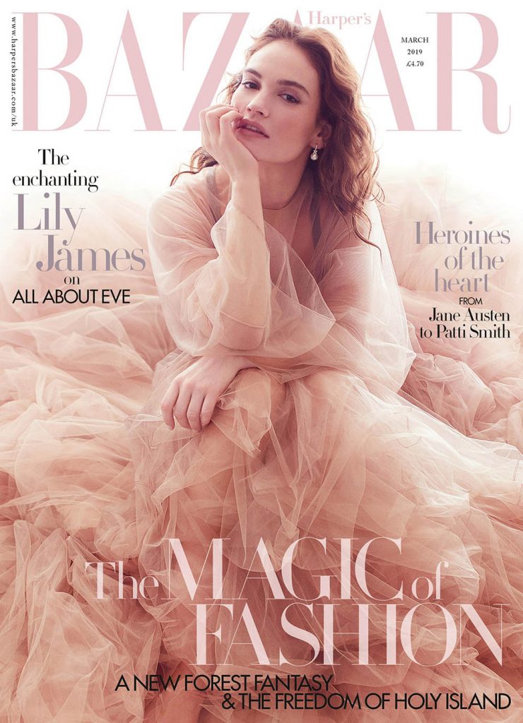 Lily James covers Harper’s Bazaar UK March 2019 by Alexi Lubomirski