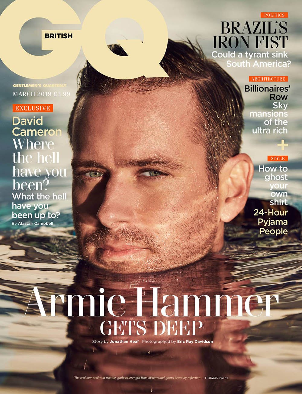 Armie Hammer covers British GQ March 2019 by Eric Ray Davidson