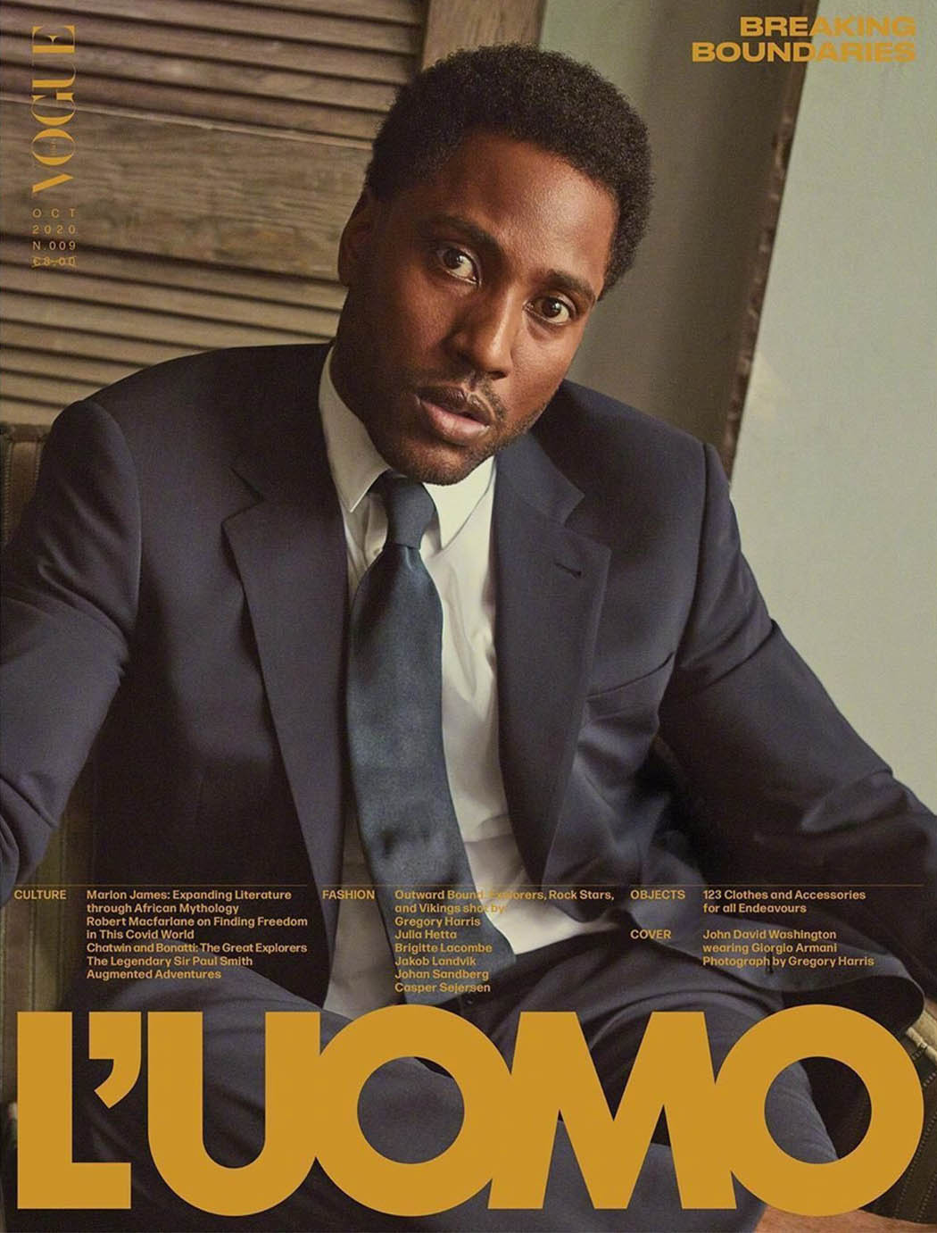 John David Washington covers L’Uomo Vogue October 2020 by Gregory Harris