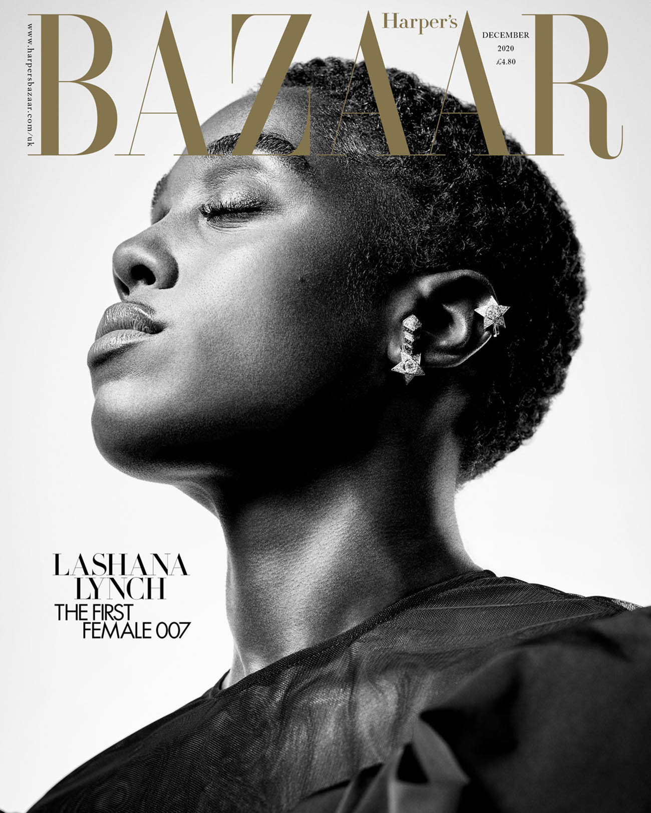 Lashana Lynch covers Harper’s Bazaar UK December 2020 by Richard Phibbs