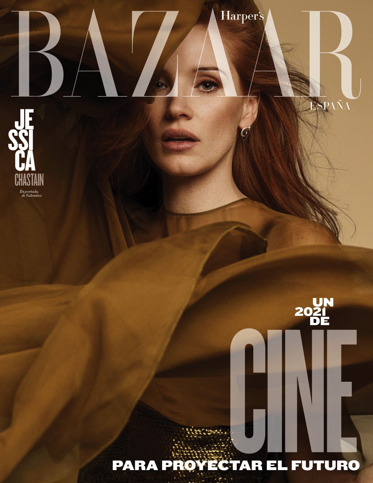 Jessica Chastain covers Harper’s Bazaar Spain January 2021 by David Roemer