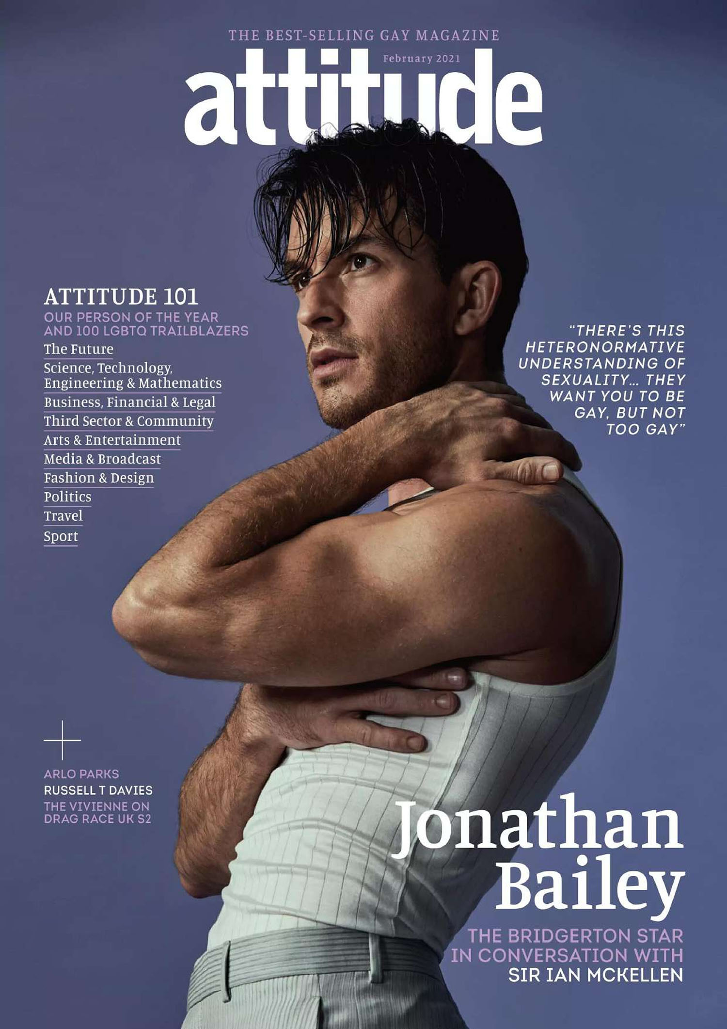 Jonathan Bailey covers Attitude Magazine February 2021 by Claire Harrison