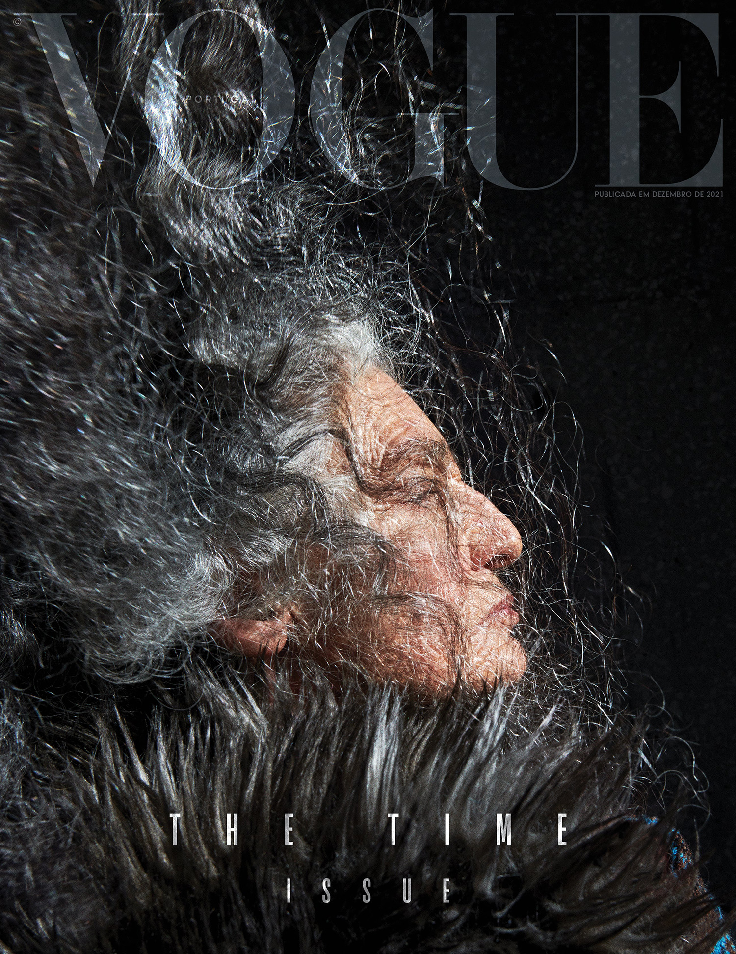 Benedetta Barzini in Prada on Vogue Portugal December 2021/January 2022 cover by Branislav Simoncik