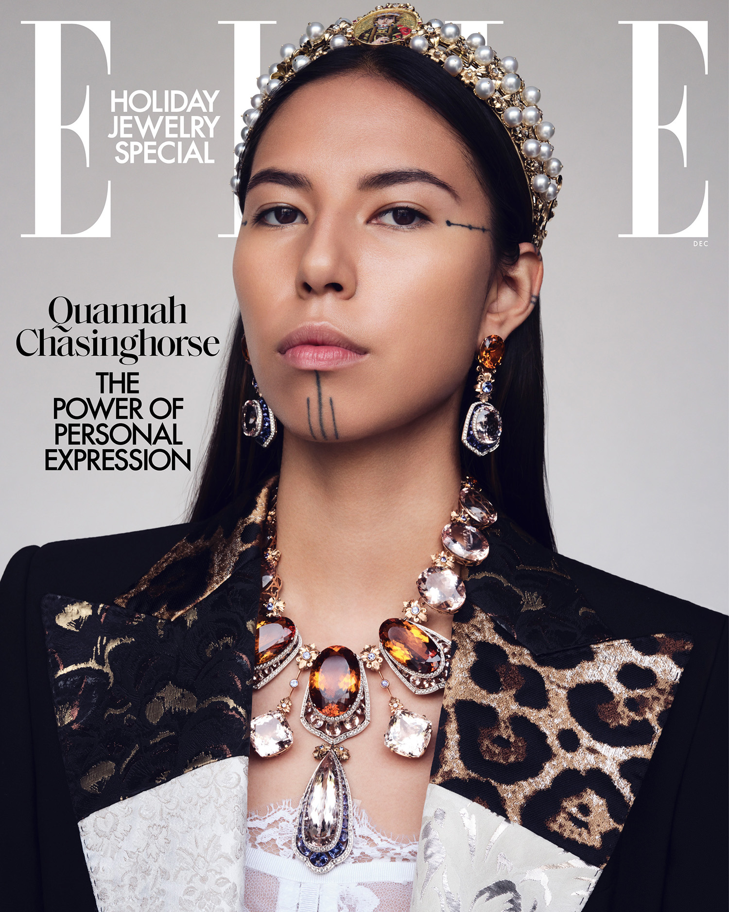 Quannah Chasinghorse in Dolce & Gabbana on Elle US December 2021 Digital Edition cover by Nathaniel Goldberg