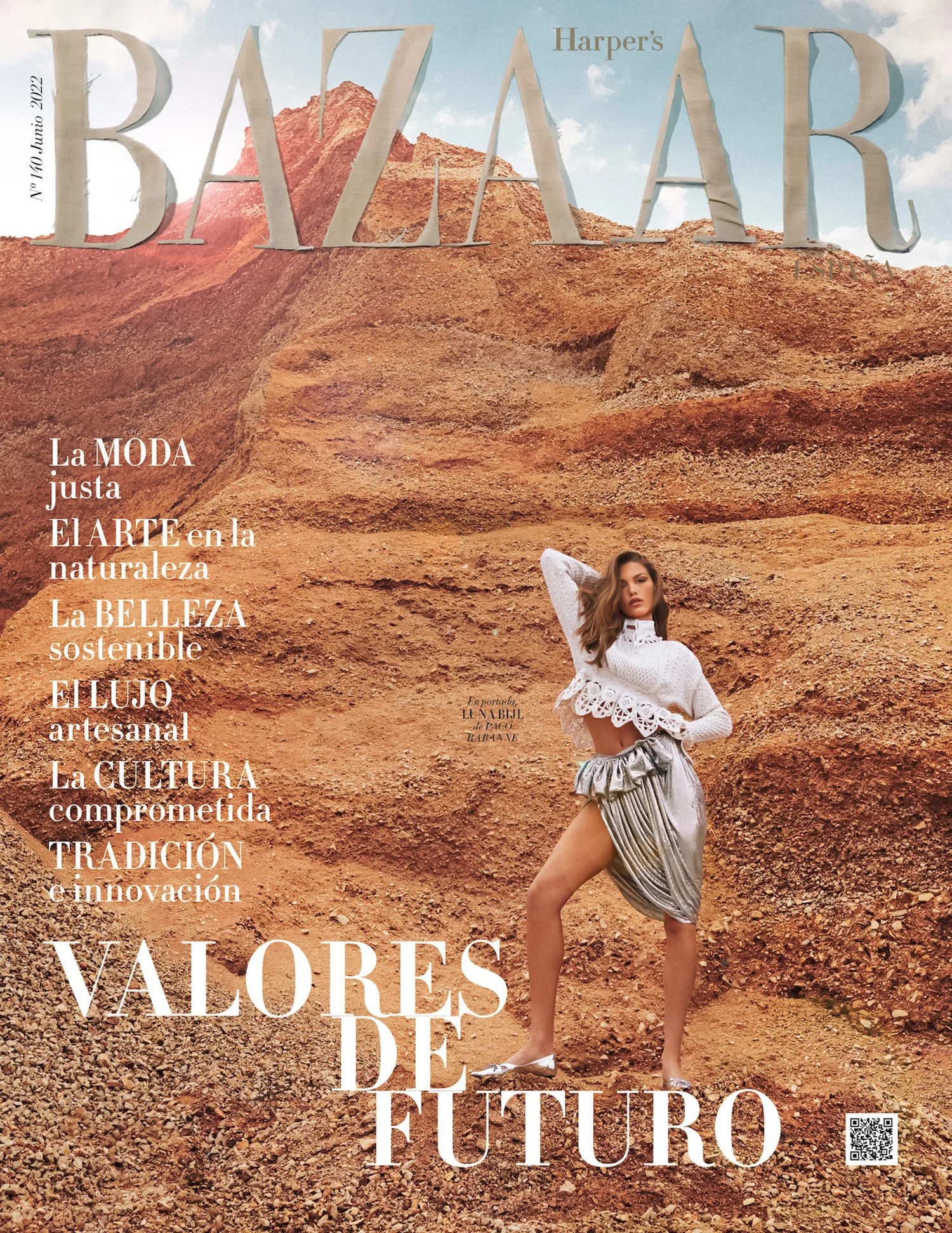 Luna Bijl in Paco Rabanne on Harper’s Bazaar Spain June 2022 by Xavi Gordo