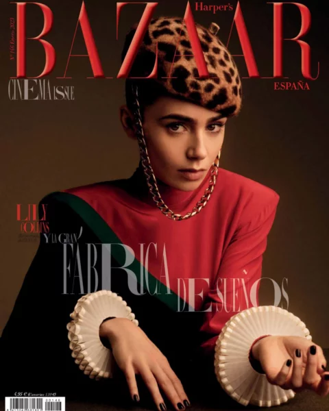 Lily Collins covers Harper’s Bazaar Spain January 2023 by Juankr