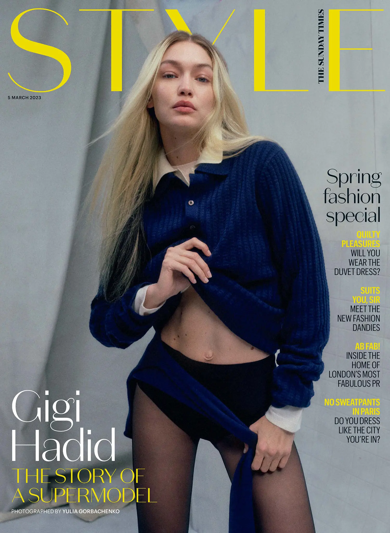 Gigi Hadid covers The Sunday Times Style March 5th, 2023 by Yulia Gorbachenko