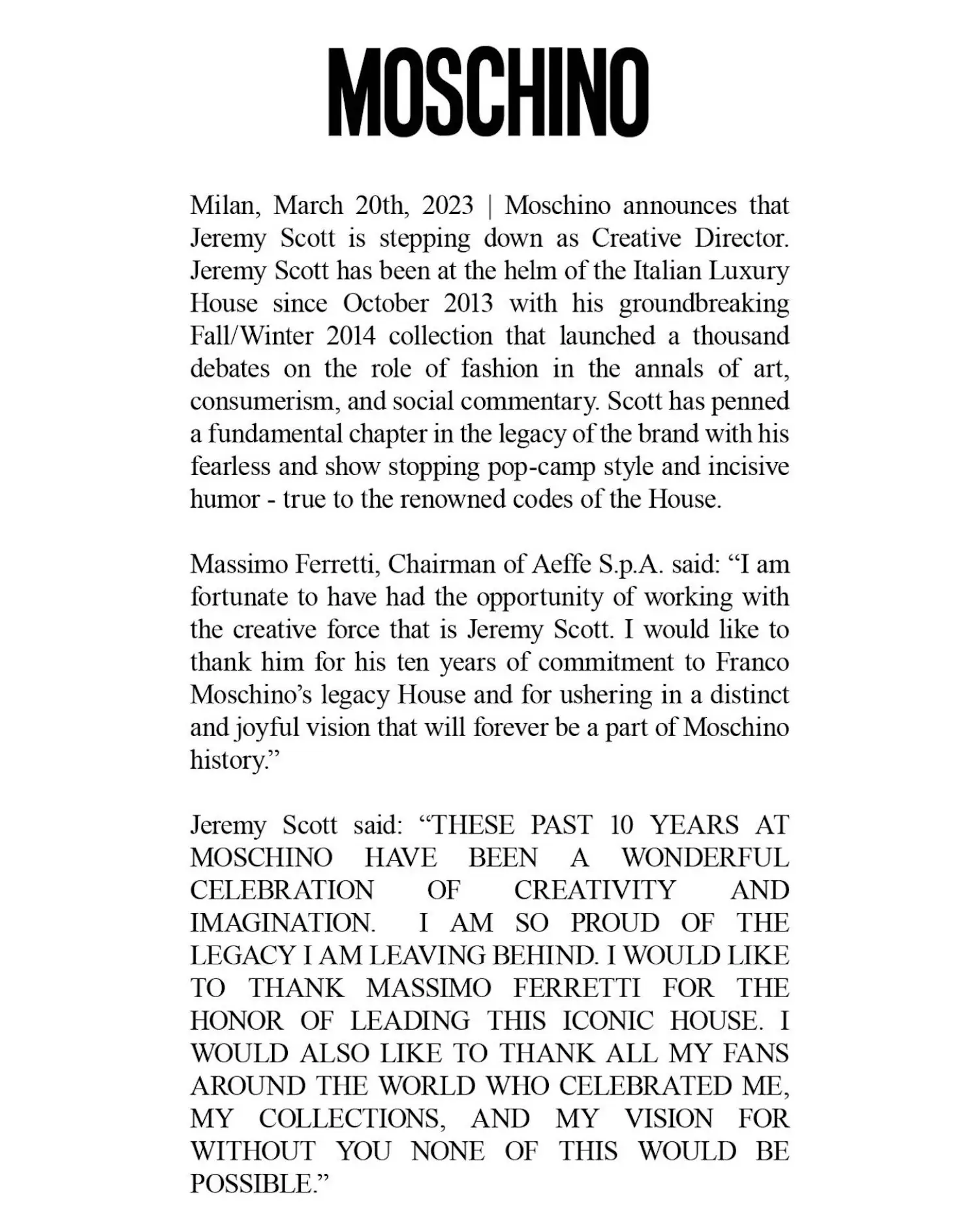 The end of an era: Jeremy Scott bids farewell to Moschino
