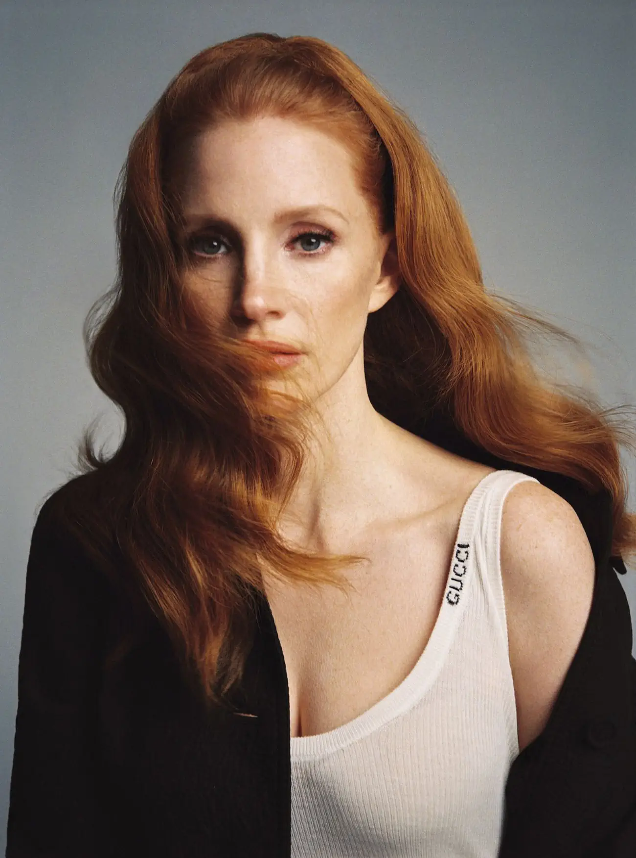 Jessica Chastain in Gucci on Harper’s Bazaar Spain March 2024 by Juankr